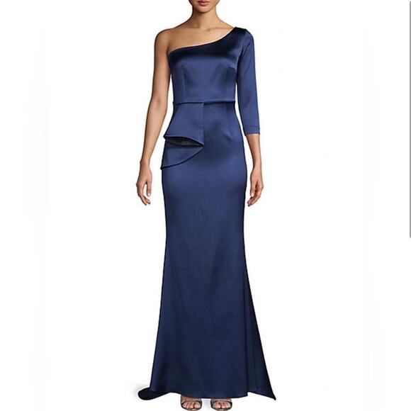 Safiyaa One Shoulder Blue Satin Gown Dress Size 4 Formal Gala Glam Elegant - Picture 2 of 10